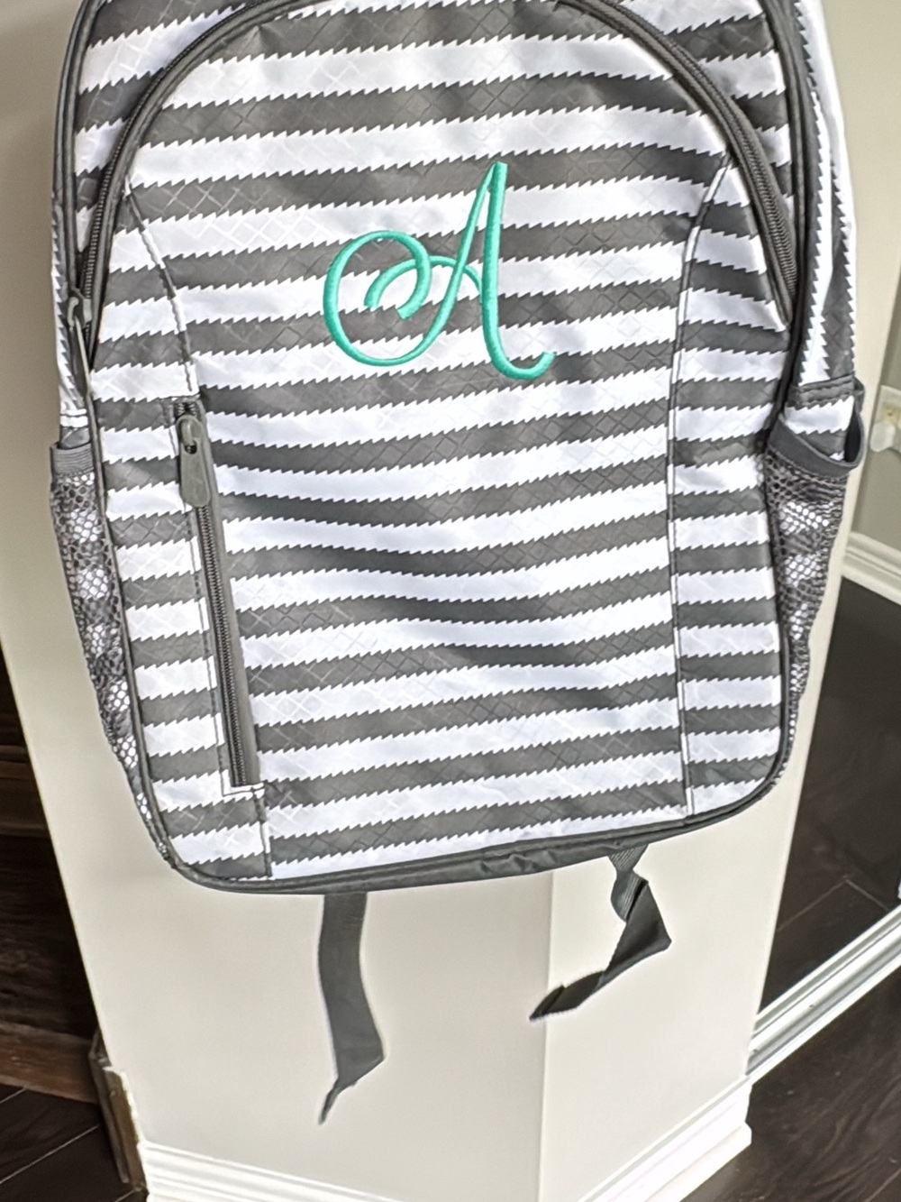 thirty-one Gray and White Striped Kids Backpack with Teal Monogram